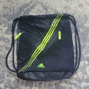 Adidas Black and Neon Green Drawstring Bag